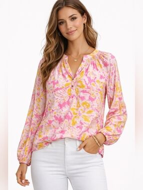 Lilly Pulitzer Pink & Yellow Floral Smocked Blouse Size XS